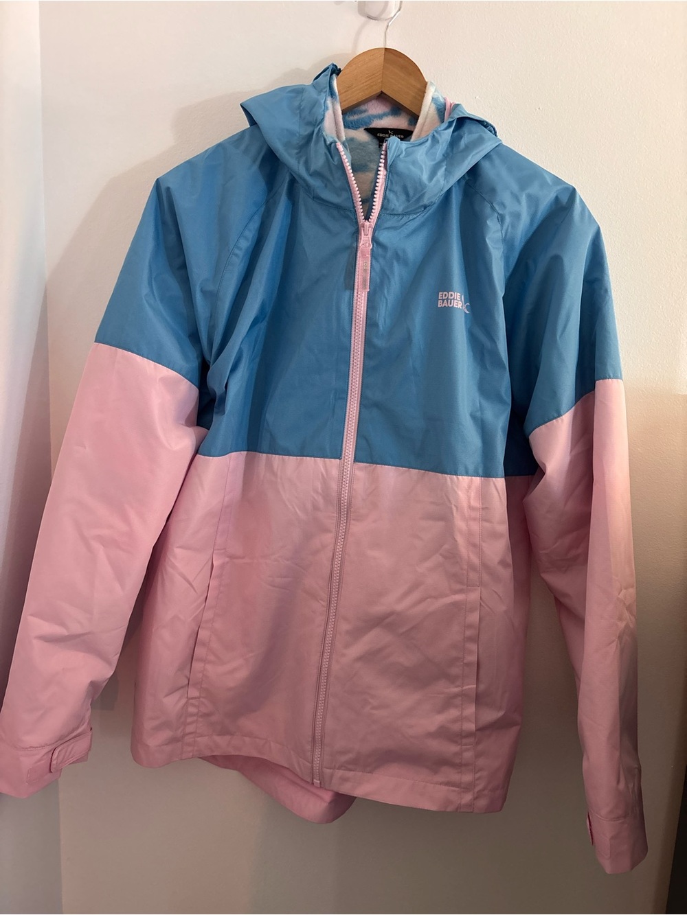 Eddie Bauer Girls Blue and Pink Hooded Colorblock Rain Jacket